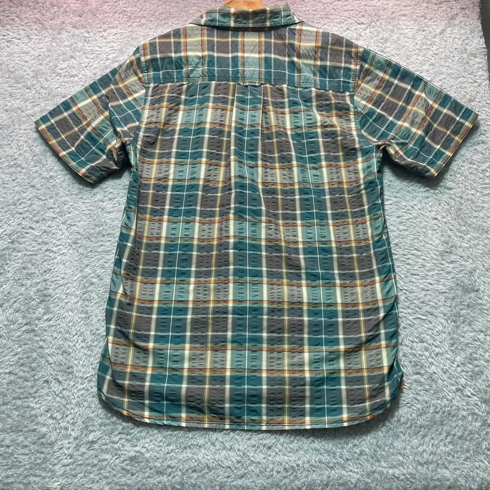 The North Face Mens Plaid Short Sleeve Button Up Shirt Teal Orange Medium